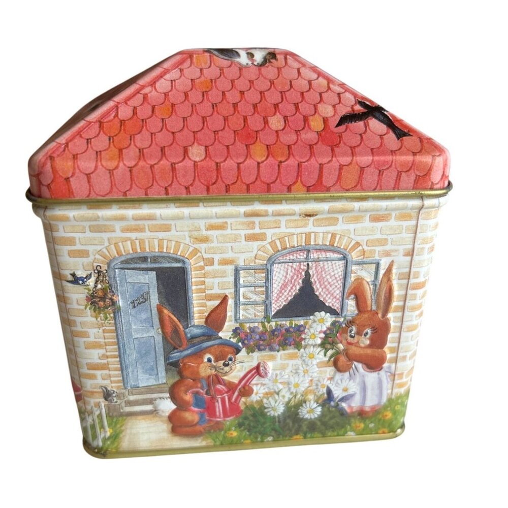 Vtg Walmart Collectible Bunny-Themed House Tin Box Made In Brazil Cottagecore